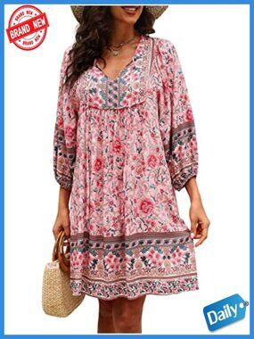 Women's 3/4 Sleeve Boho Floral Babydoll Summer Dress Rayon Soft Light V Neck
